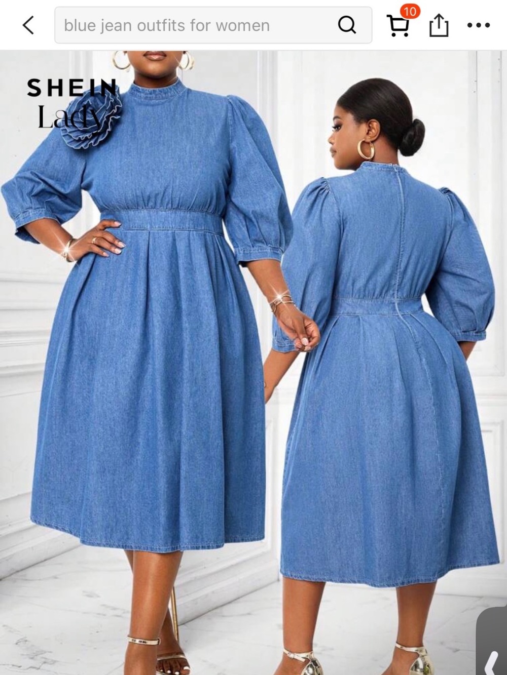 SHEIN Blue Denim Midi Dress with Puff Sleeves